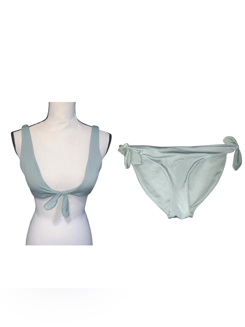 No Boundaries Ribbed Tie-Front Triangle Bikini Swimsuit Top in Sage Green